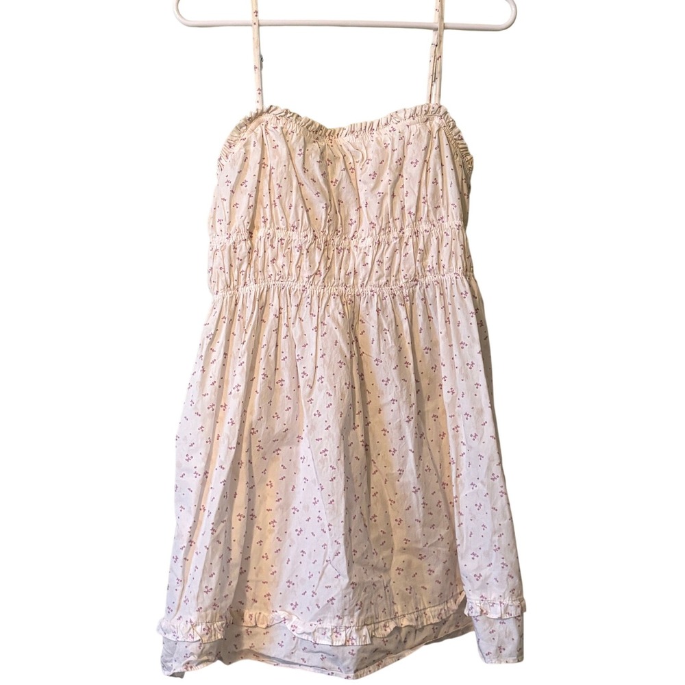 Free People Floral Smocked Mini Dress Cream Pink Ruffle Hem Adjustable Straps